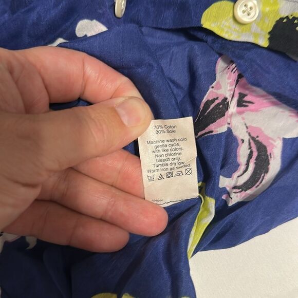 J. Crew XS Blue Pink Yellow White Black Floral Cotton Silk Long Sleeve Shirt - Picture 12 of 13